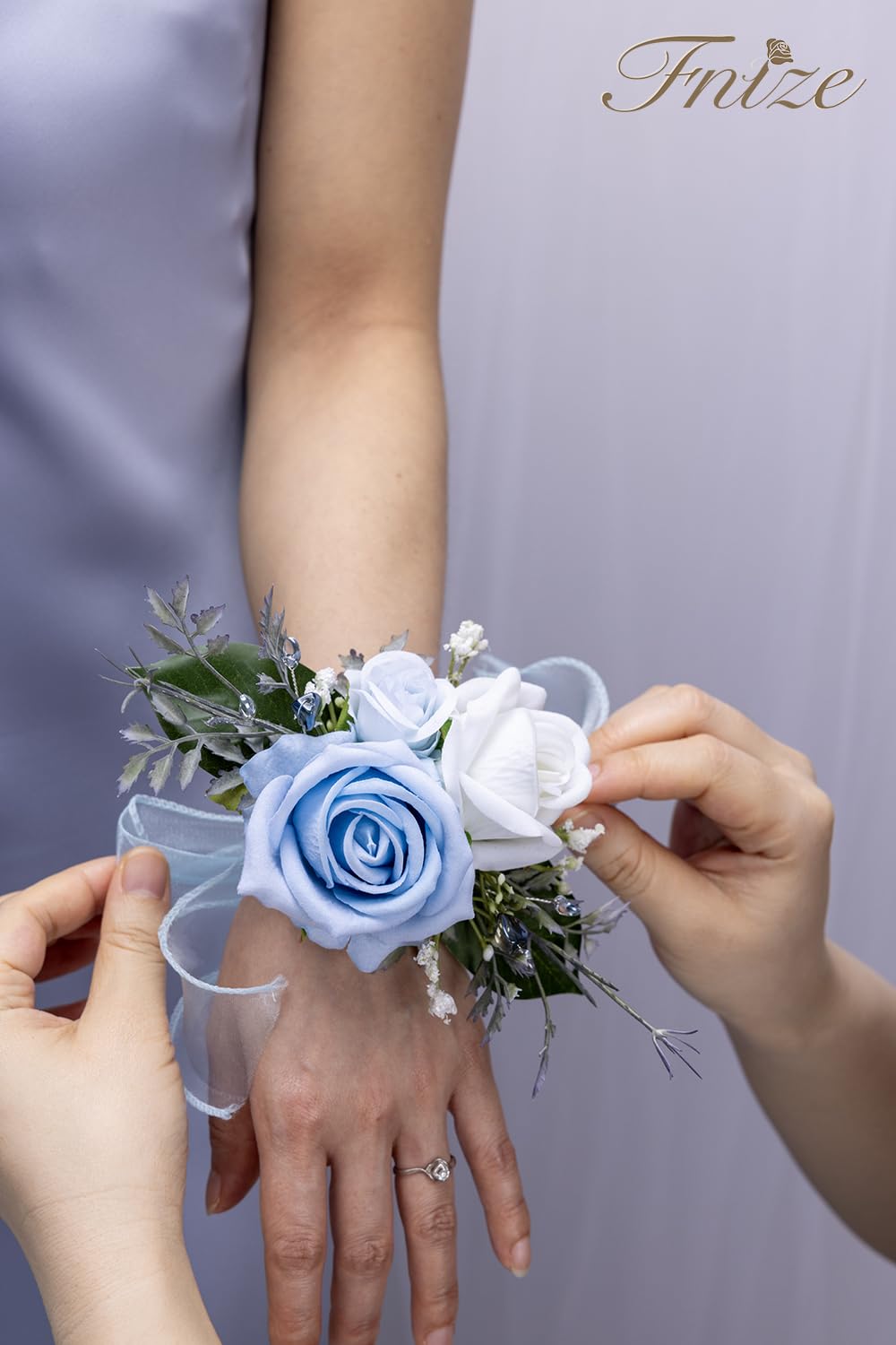 Fnize Blue Corsage and Boutonniere Set for Bride Groom Bridesmaids Groomsmen Wedding Homecoming Flowers Prom Suit Accessories, Rose Boutonniere and Wrist Corsage Flower - Grand Goldman
