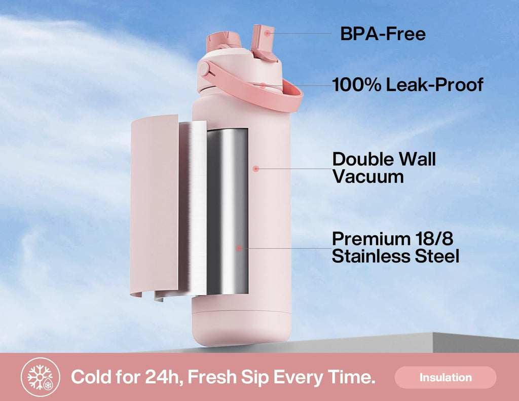 POWCAN 32 oz Insulated Water Bottle with 2-in-1 Straw and Spout Lid, Keep Cold 24H, Leak-Proof, BPA-Free, Double Wall Stainless Steel Water Bottle for Sports, Gym, Travel, Gift, School (Bow Crush)