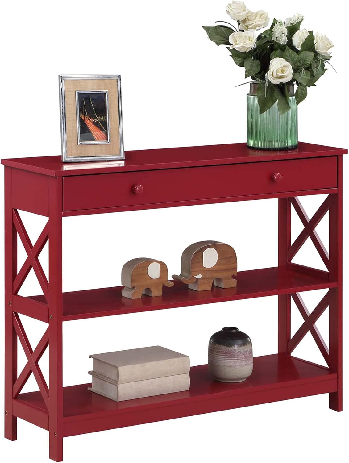 Convenience Concepts Oxford 1 Drawer Console Table with Shelves, Cranberry Red
