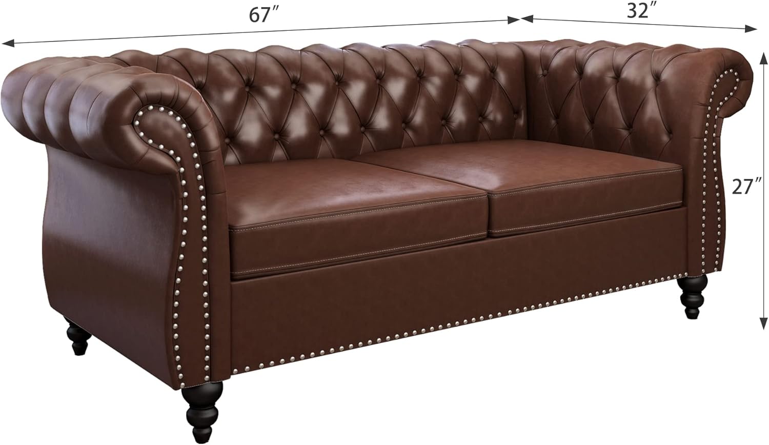 2 Piece Living Room Set, Chesterfield Leather Sofa Couch Chair with Scroll Arms and Nailhead for Living Room, Office (Dark Brown)