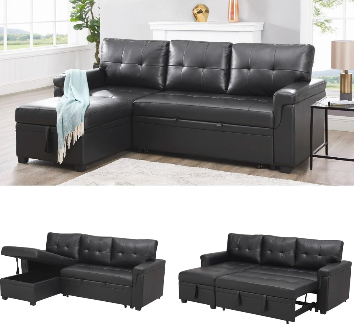 Naomi Home Transform Any Space: Sleeper Sectional Sofa with Convertible Sofa Bed & Inviting Chaise. Find Tranquil Comfort with Stress-Relieving Design & Durable Cushions - Black/Air Leather