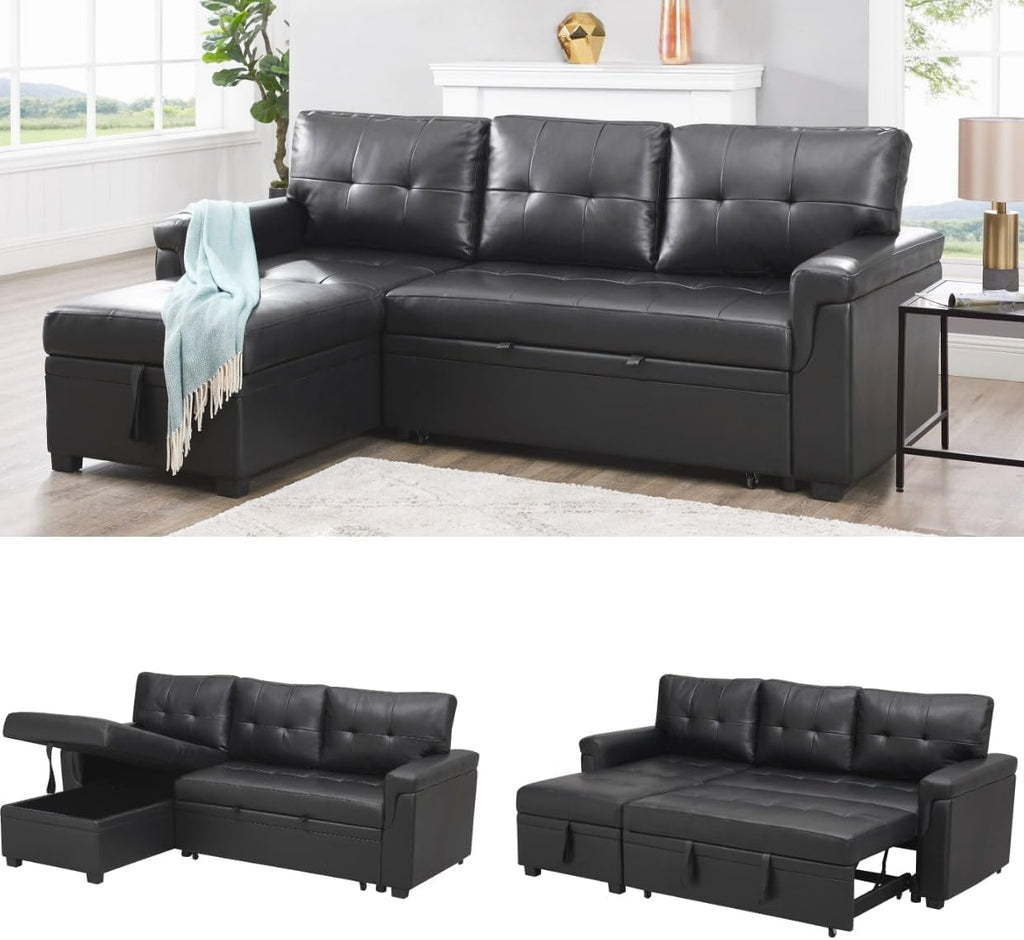Naomi Home Transform Any Space: Sleeper Sectional Sofa with Convertible Sofa Bed & Inviting Chaise. Find Tranquil Comfort with Stress-Relieving Design & Durable Cushions - Black/Air Leather