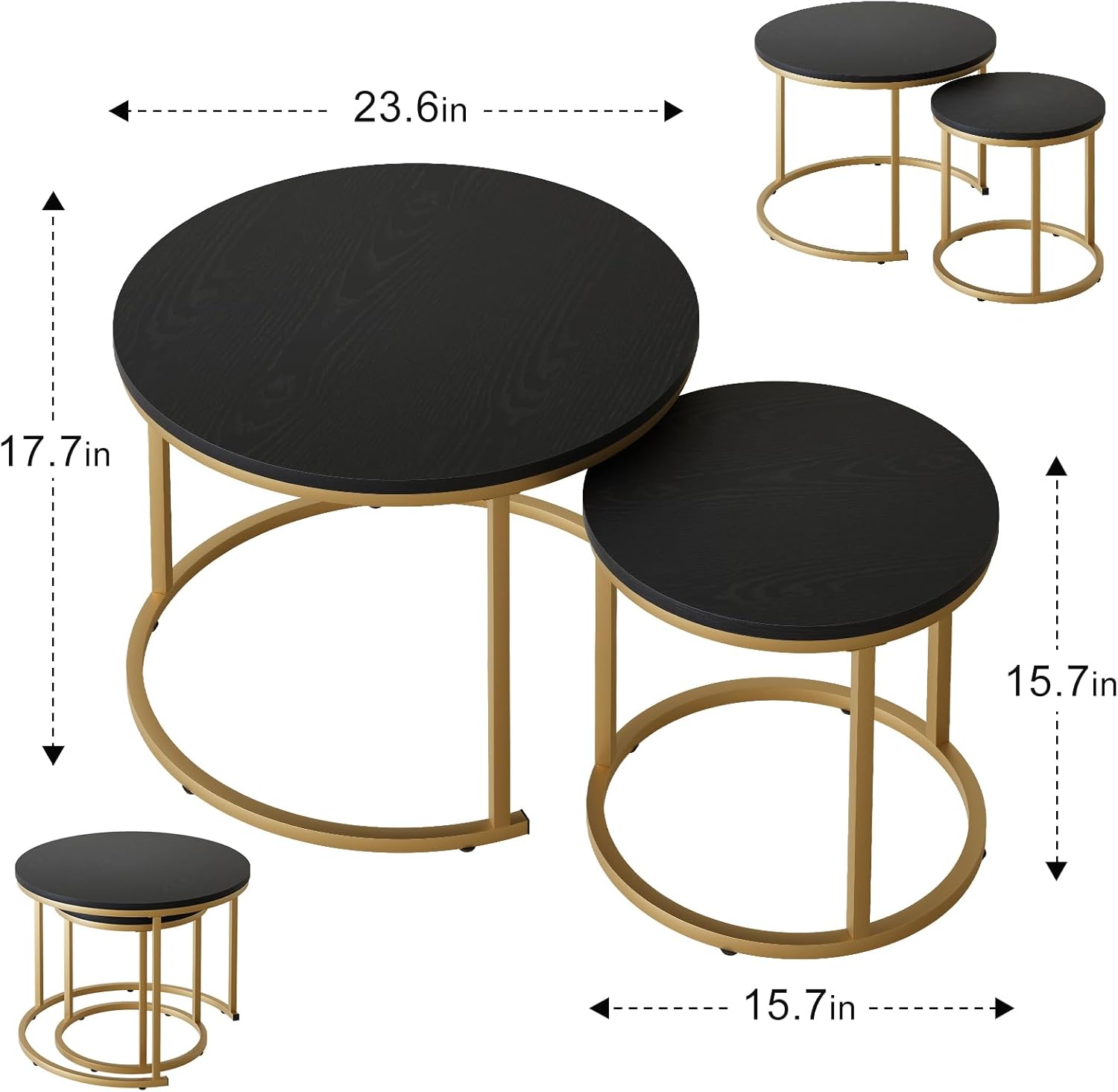 VILAWLENCE Coffee Table Nesting Set of 2 Round End Table Accent Side Stacking Tables Black Wood with Sturdy Metal Frame, Modern Living Room Table Sets Industrial Nightstand
