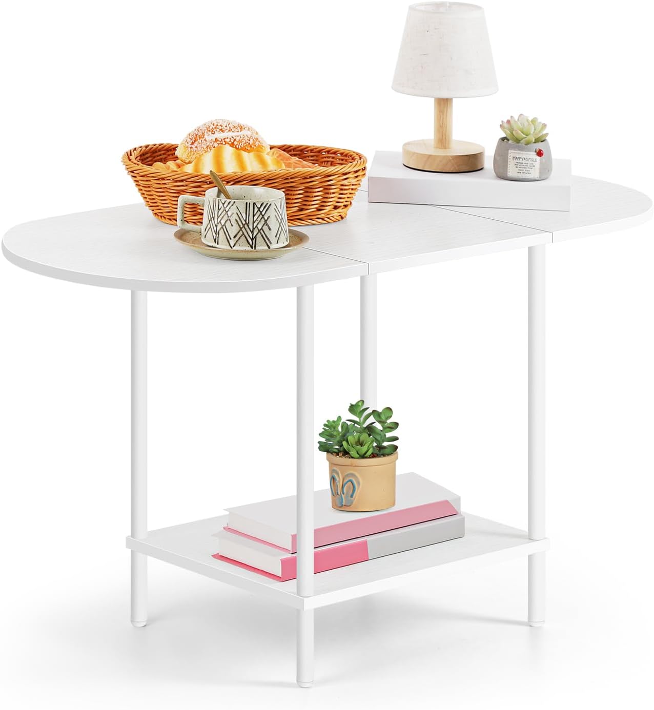 White Coffee Table for Living Room, Small Oval Coffee Table with Storage and Wood Tabletop, Mid Century Round Center Table for Small Space, Home Office