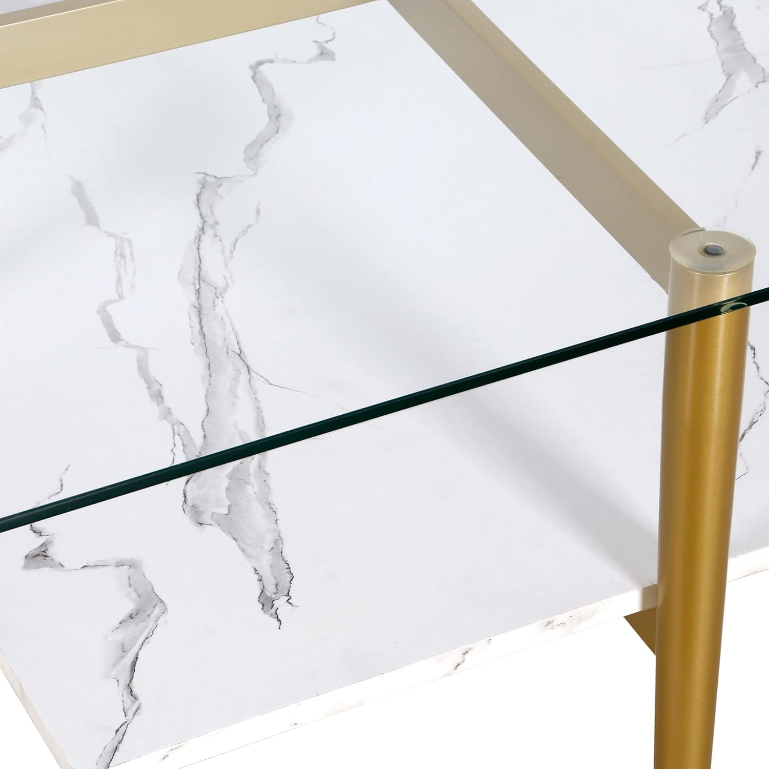 Otto 32" Wide Square Coffee Table with Faux Marble Shelf in Brass