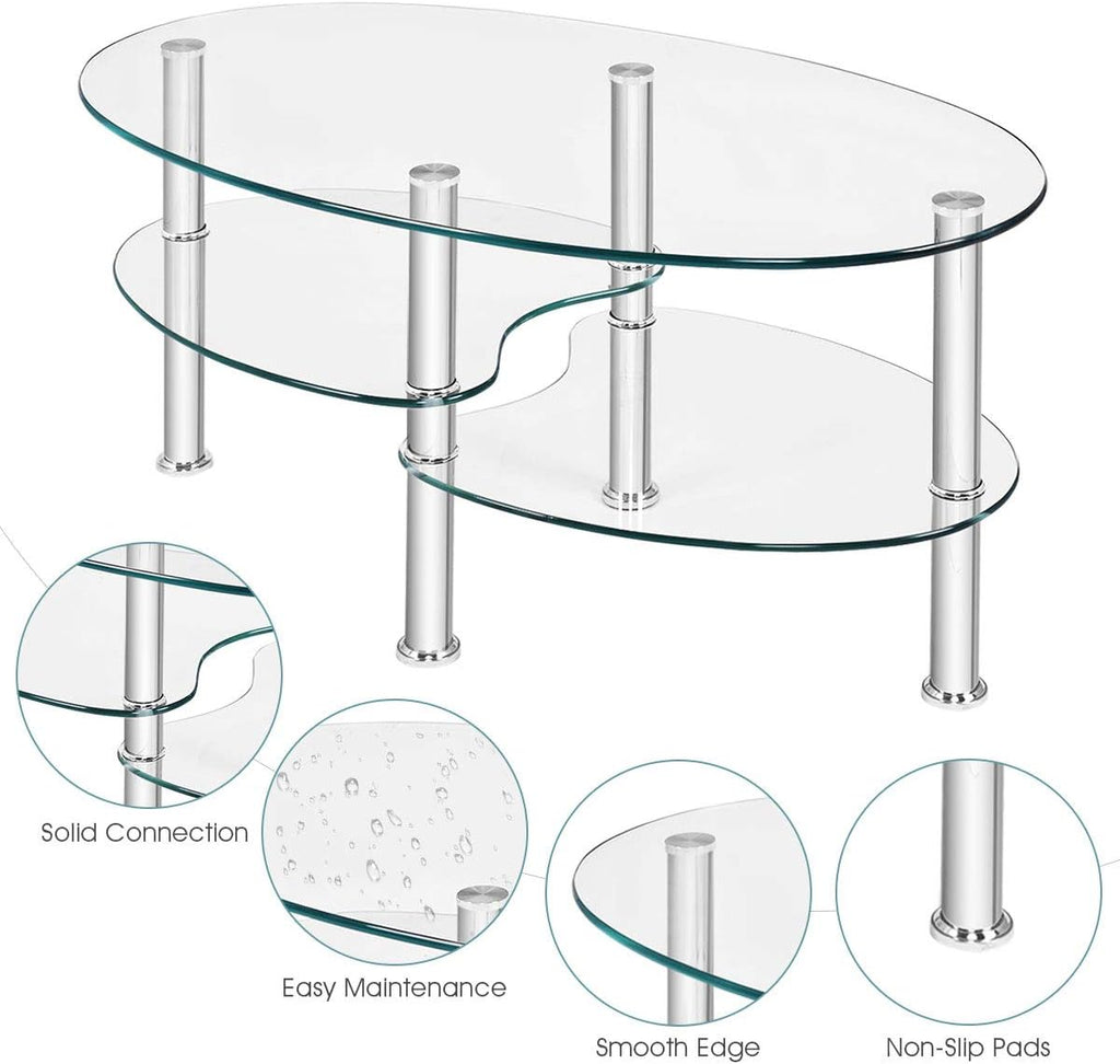 S AFSTAR Glass Coffee Table, 3-Tier Modern Oval Smooth Glass Tea Table Center Table End Table with Open Storage Shelf,Sturdy Steel Legs for Living Room,Home,Office,Cocktail Tea Table (Clear)
