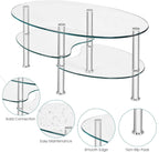S AFSTAR Glass Coffee Table, 3-Tier Modern Oval Smooth Glass Tea Table Center Table End Table with Open Storage Shelf,Sturdy Steel Legs for Living Room,Home,Office,Cocktail Tea Table (Clear)