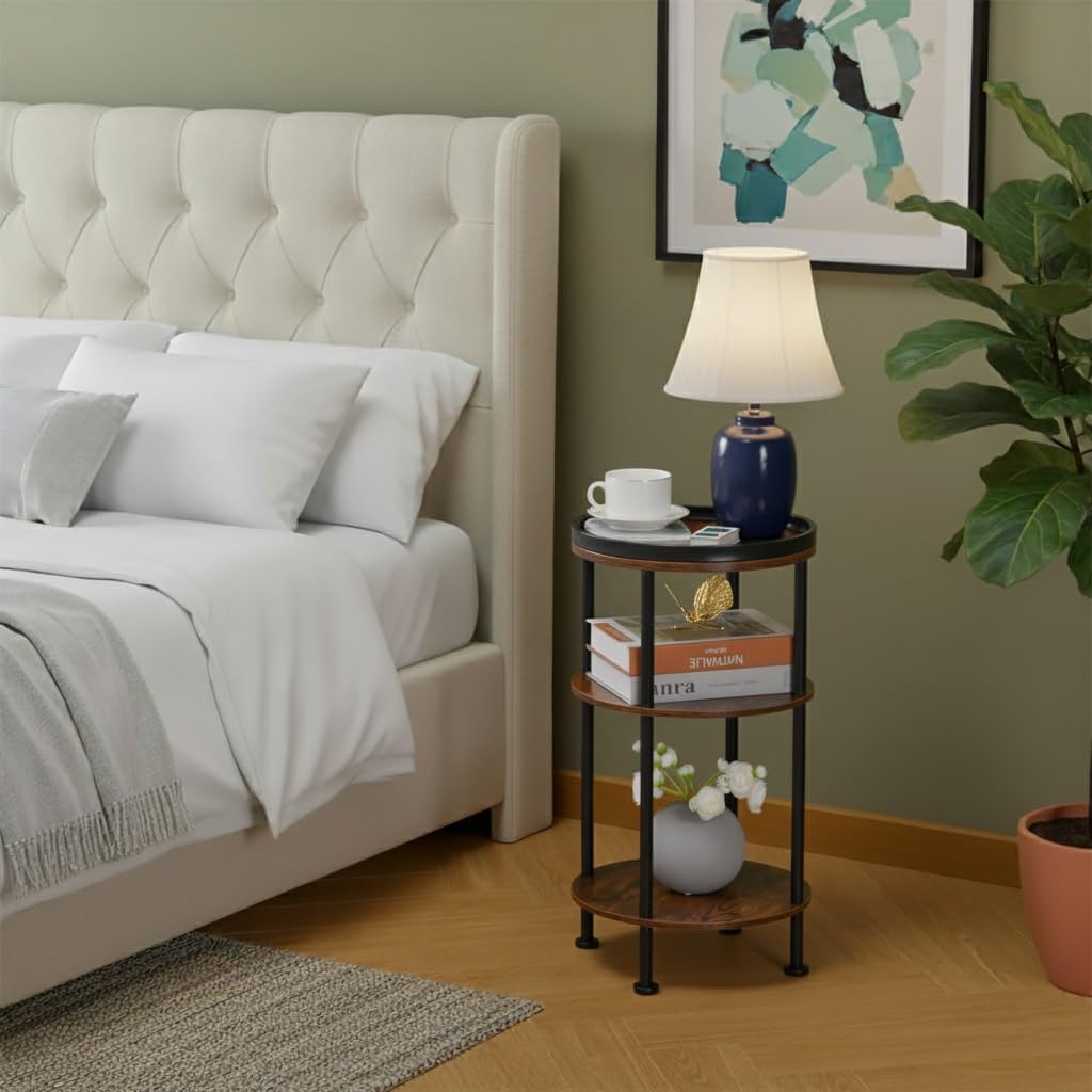 Small Round Side Table for Small Spaces, 3-Tier Round Accent Table Slim Side Table, Modern Sofa Corner Table for Living Room Nightstand Bedroom (Rustic Brown)