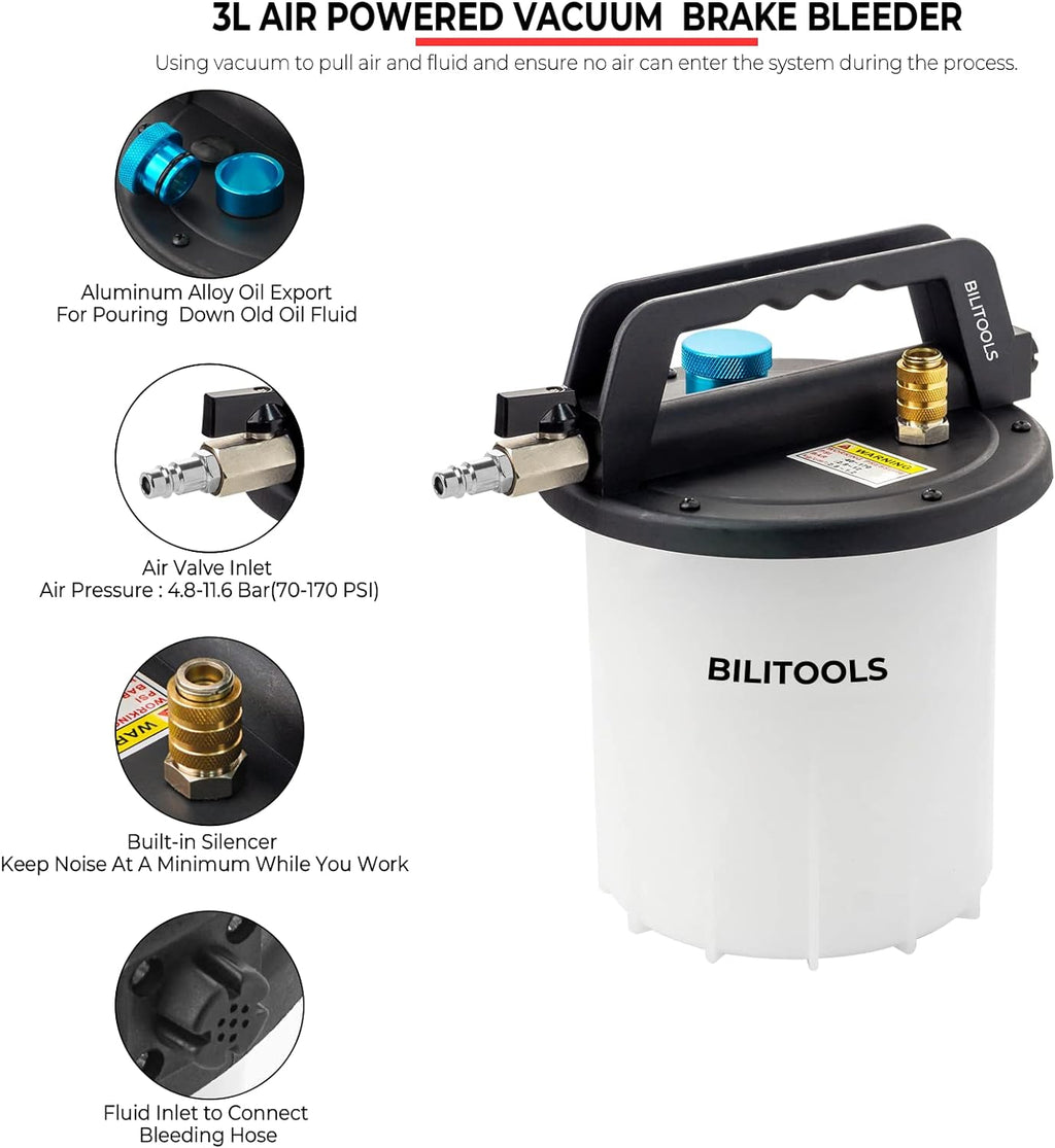 BILITOOLS 3L Brake Bleeder Vacuum Pump Kit, Universal One Person Pneumatic Brake System Clutch Fluid Bleeding Extractor Tool with Adapters & 1L Refilling Bottle