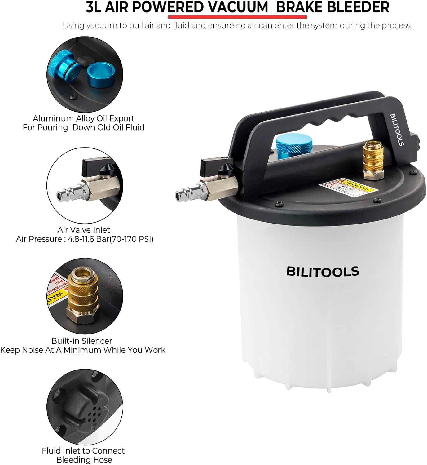 BILITOOLS 3L Brake Bleeder Vacuum Pump Kit, Universal One Person Pneumatic Brake System Clutch Fluid Bleeding Extractor Tool with Adapters & 1L Refilling Bottle