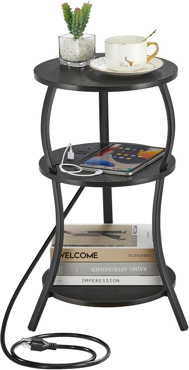 Vintage Small Round Side Table, 3-Tier Slim Waist Circular End Table with Storage Shelf, Compact Tea Sofa Table, Round Corner Coffee Table Nightstand for Living Room Bedroom Small Spaces,Rustic Brown