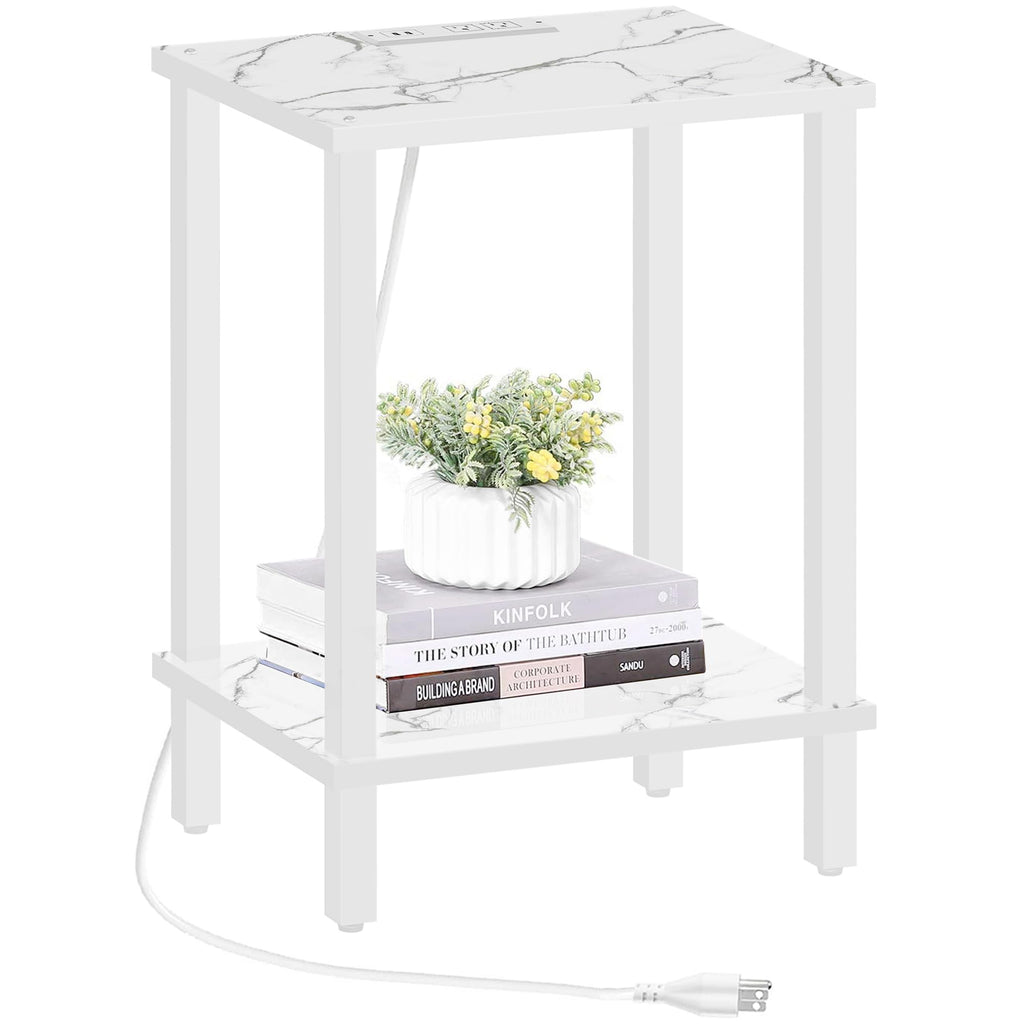 TUTOTAK End Table with Charging Station, Side Table with USB Ports and Outlets, Nightstand, 2-Tier Storage Shelf, Sofa Table for Small Space TB01BB040