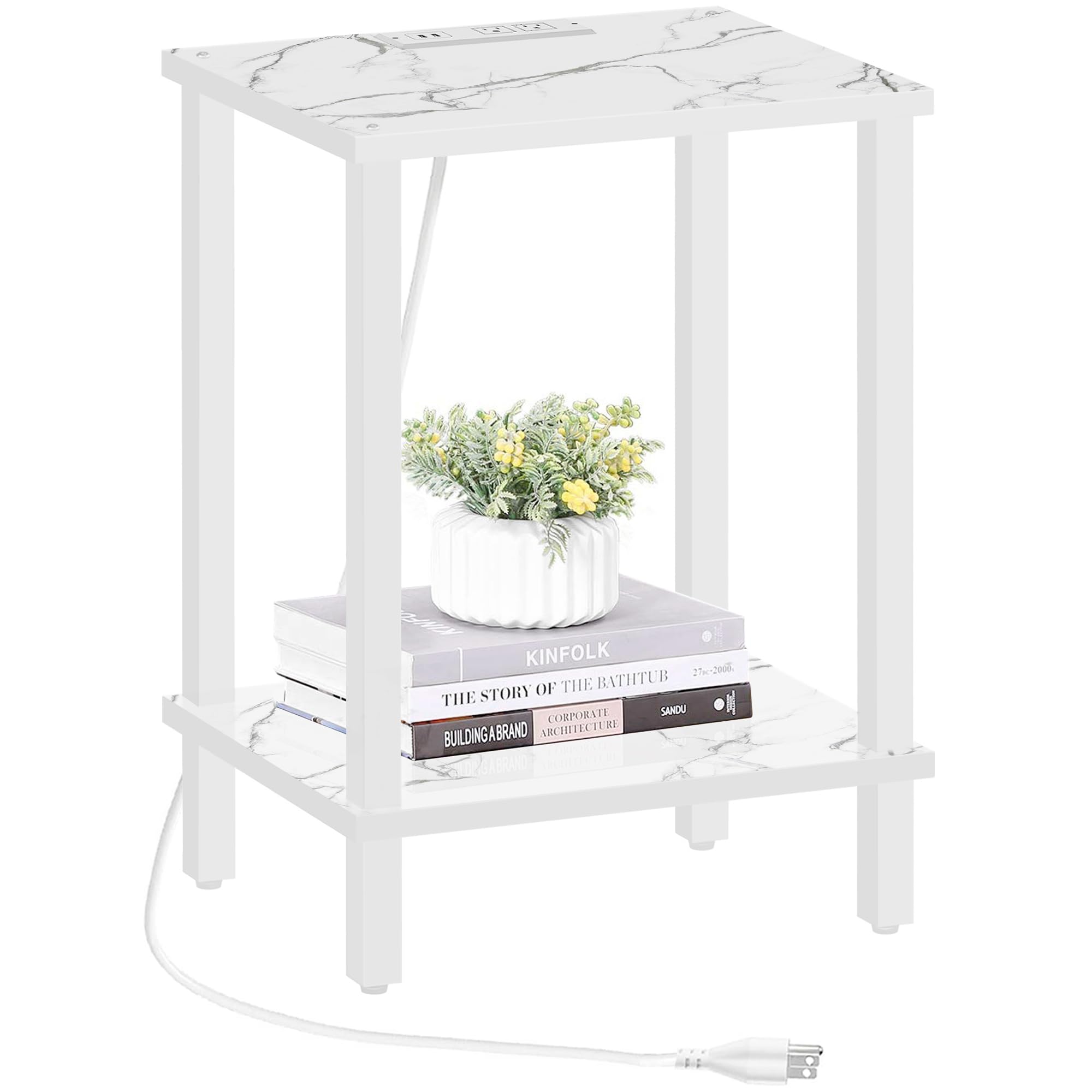 TUTOTAK End Table with Charging Station, Side Table with USB Ports and Outlets, Nightstand, 2-Tier Storage Shelf, Sofa Table for Small Space TB01BB040