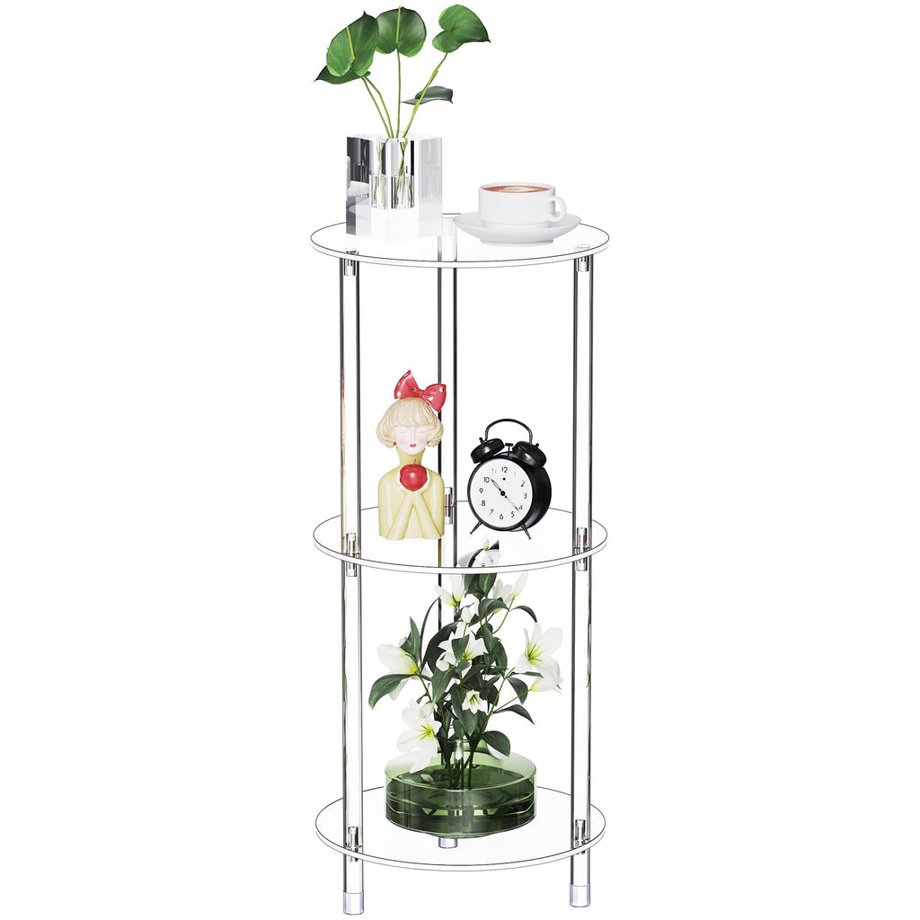 Clear Round Acrylic Side Table for Small Spaces, 11.81" L x 11.81" W x 24.6" H, 3 Tier Small Modern Drink End Table Nightstand, Minimalist Bedside Table for Living Room, Bedroom, Bathroom