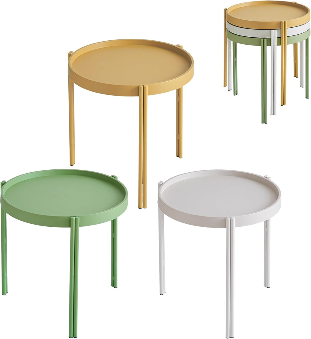 Stackable Nesting Plastic Coffee Table with Metal Legs, Outdoor End Table Set, Colorful Nightstands, Color Fun Living, Beding, Patio Table Sets, Quick Assembly, Set of 3, (Yellow, White, Green)