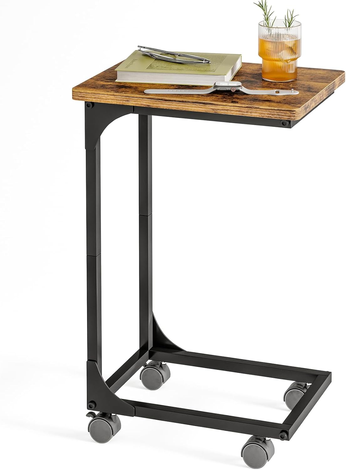 Fixwal TV Tray, C Table, C Shaped Side Table with Wheels for Couch, Coffee Tables for Living Room Sofa End Table, Bedside Table for Bedroom, Rustic Brown