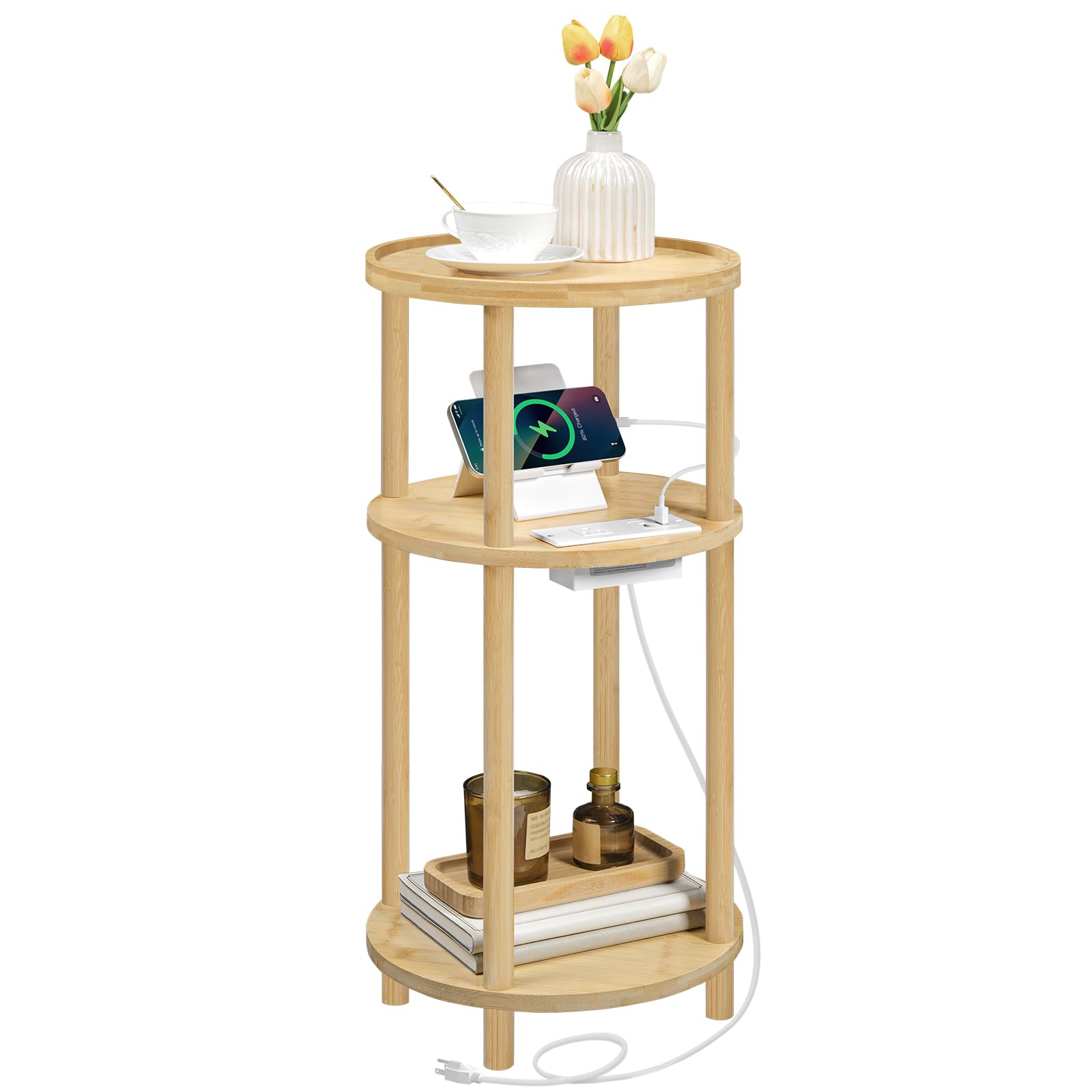 HOOBRO Set of 2 Small Round Side Tables with Charging Station, 3-Tier Round Bamboo End Tables, Easy Assembly, for Living Room, Bedroom, Apartment, Natural YL152UBZP201