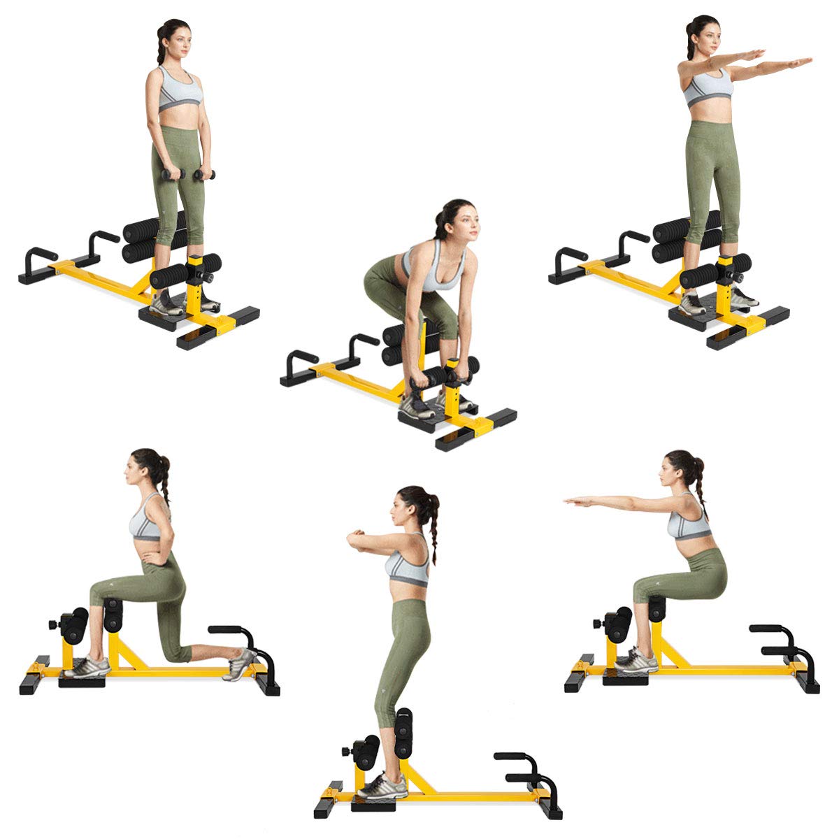 Machine de squat Sissy GYMAX, machine de squat Sissy profonde 3-en-1 avec cercles de sangle et hauteur réglable, parfaite pour les pompes, le squat Sissy et l'entraînement des abdominaux, équipement d'entraînement pour la maison, salle de sport (jaune)
