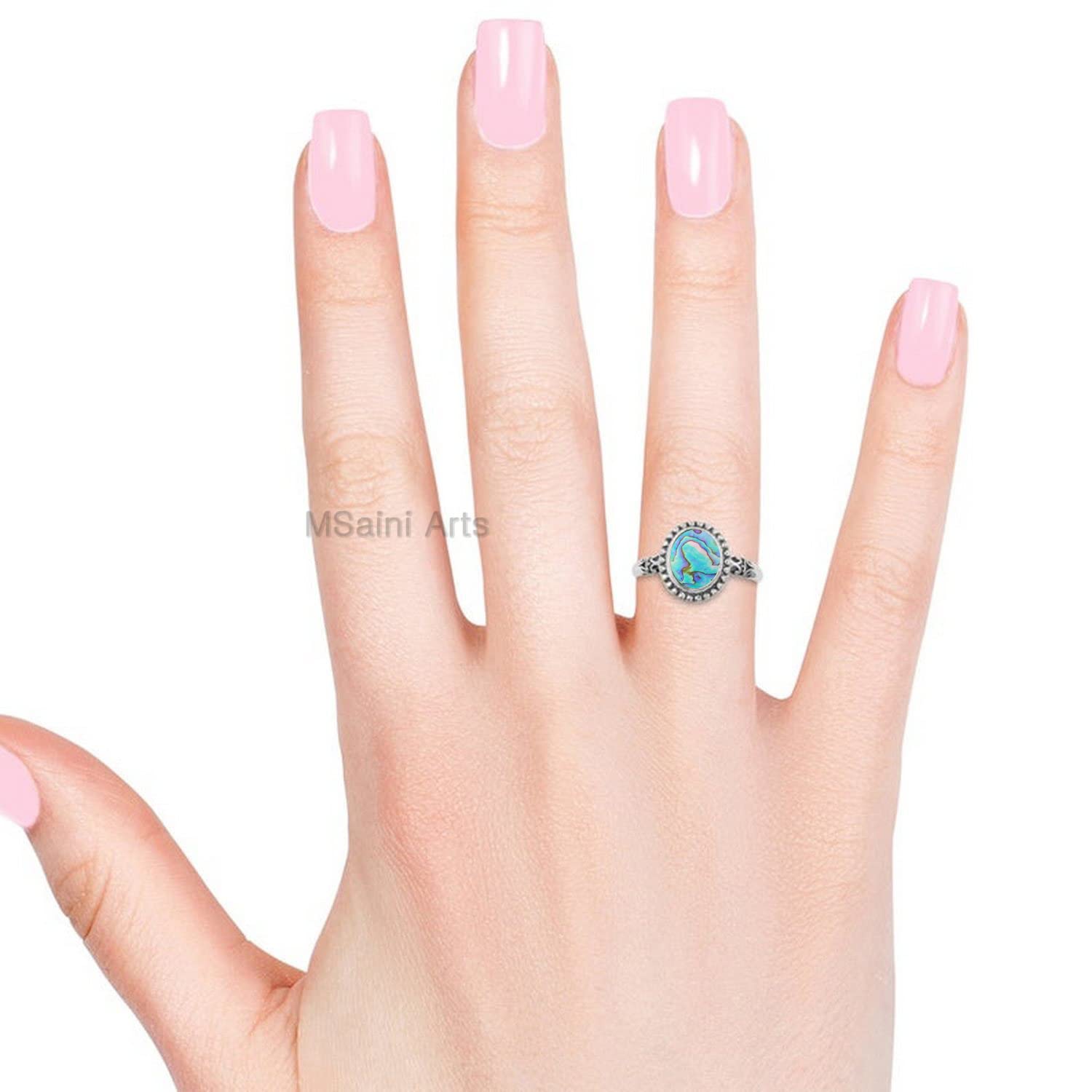 925 Sterling Silver Ring for Womens, Abalone-Shell Gemstone Unique Handcrafted Ring