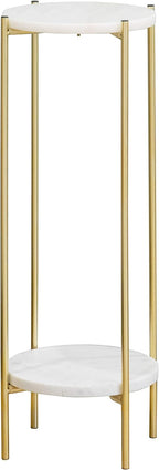 Metal Round 2 Tier Small Gold Side End Table with Real Natural Marble Top Plant Stands Modern Lightweiht Bedside Coffee Table for Living Room Bedroom Small Space White…