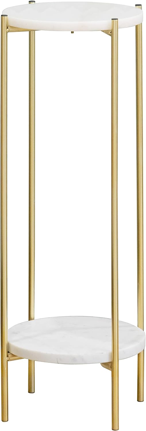 Metal Round 2 Tier Small Gold Side End Table with Real Natural Marble Top Plant Stands Modern Lightweiht Bedside Coffee Table for Living Room Bedroom Small Space White…