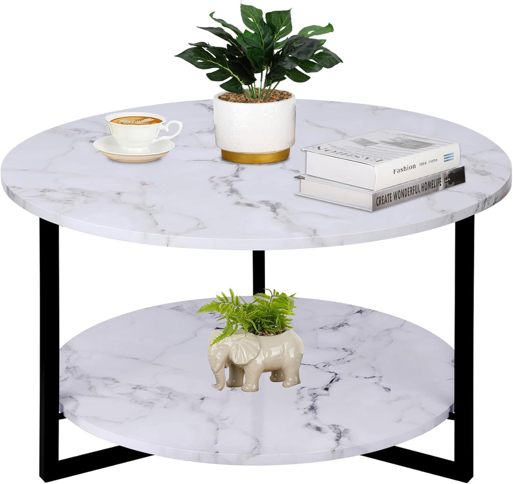 Modern Coffee Table,Faux Marble Tables,Small Round Coffee Tables with Shelf, Marble Coffee Table,Circle Center Table Low Coffee & Tea Table for Living Room Modern