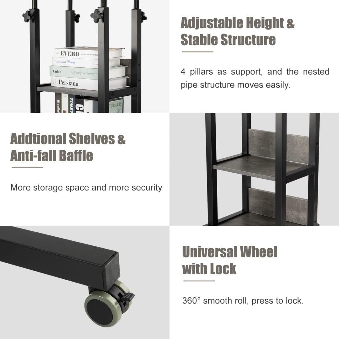 Hadulcet C Shaped Side Table Adjustable, Height Adjustable C Table with Wheels and Storage Shelves for Couch Bed Recliner Dark Grey