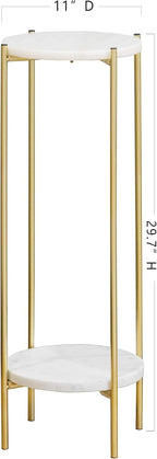 Metal Round 2 Tier Small Gold Side End Table with Real Natural Marble Top Plant Stands Modern Lightweiht Bedside Coffee Table for Living Room Bedroom Small Space White…