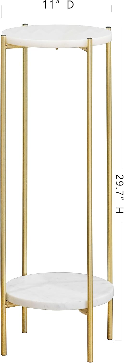 Metal Round 2 Tier Small Gold Side End Table with Real Natural Marble Top Plant Stands Modern Lightweiht Bedside Coffee Table for Living Room Bedroom Small Space White…