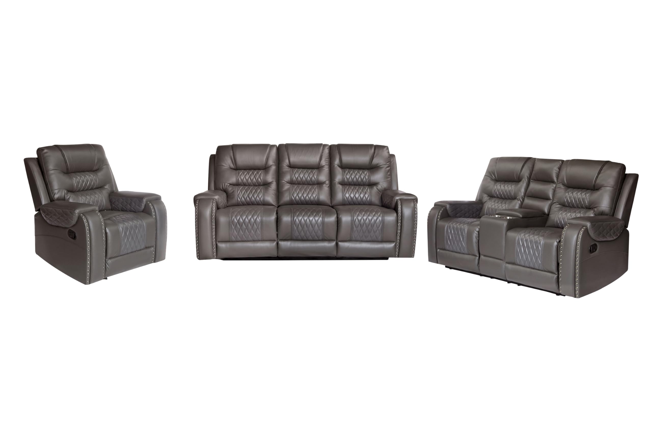 PU Leather Sofa Set, 3 Pieces Living Room Set with Cup Holders, Manual Recliner Sofa &Loveseat & Chair, Black