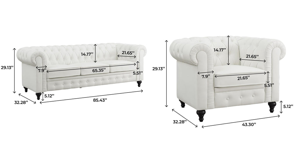 Emery Chesterfield 3 Piece Living Room Sectional Sofa Set Rolled Arms, Tufted Cushion Sofas for Living Room Set Includes Sofa, Loveseat Couch, Accent Arm Chair / Easy Tool-Free Assembly – Off White