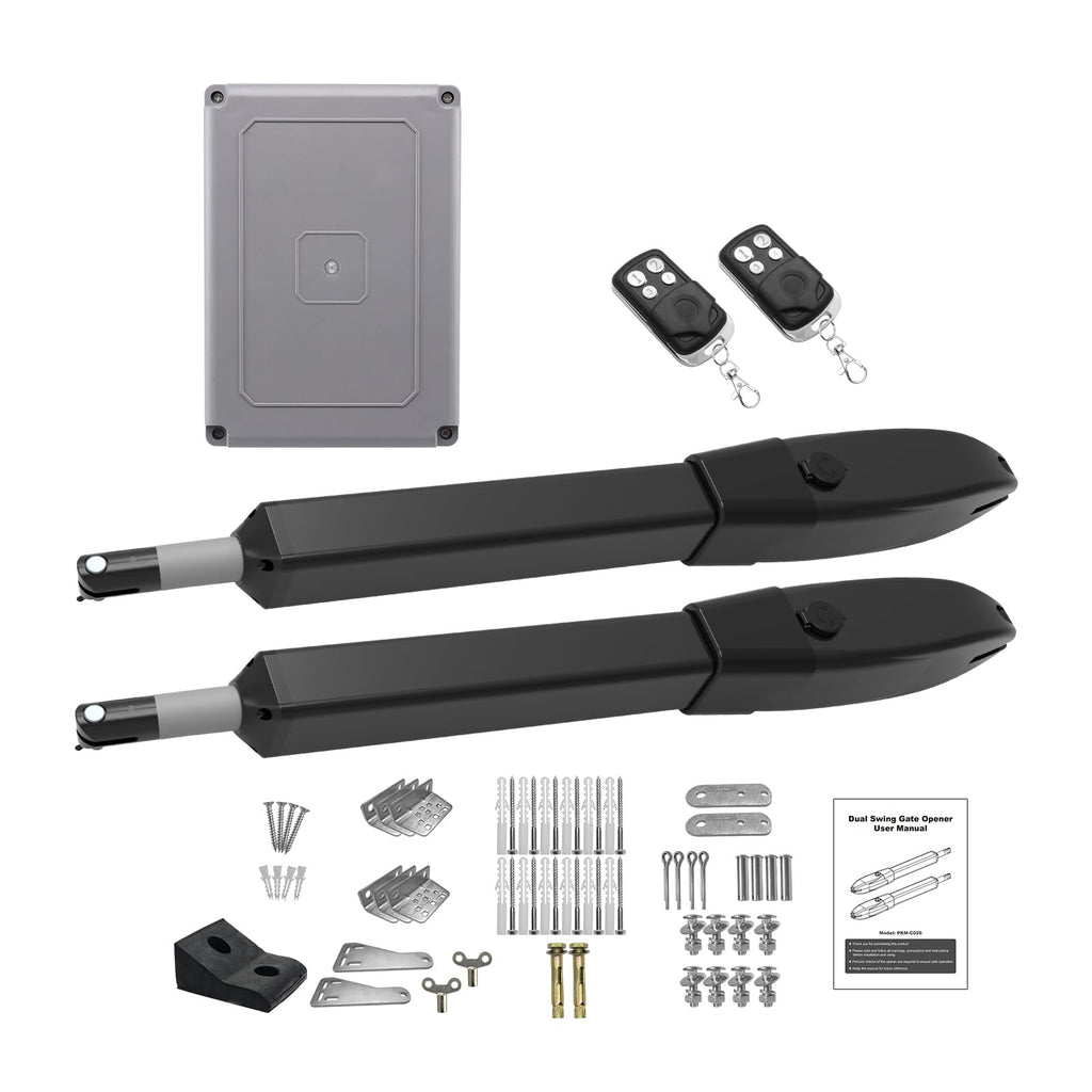 JUJIANG C026 Solar Gate Opener with Batteries & Solar Panel for Dual Swing Gates Up to 1540lb Automatic Gate Opener with Remote Complete Kit Medium Duty Electric Gate Opener Solar Powered 60W Motor