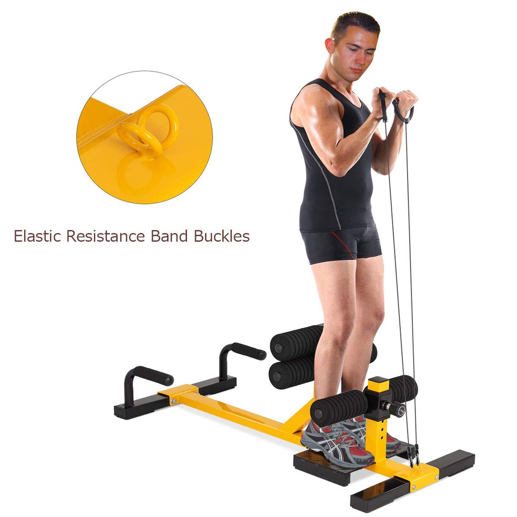 Machine de squat Sissy GYMAX, machine de squat Sissy profonde 3-en-1 avec cercles de sangle et hauteur réglable, parfaite pour les pompes, le squat Sissy et l'entraînement des abdominaux, équipement d'entraînement pour la maison, salle de sport (jaune)