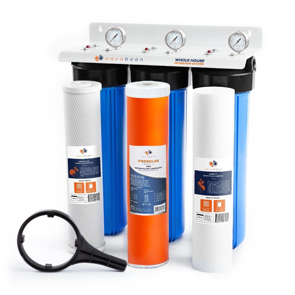 Aquaboon 3-Stage Whole House Water Filter System 20x4.5 inch with Prefilter & KDF, Sediment, Carbon Filters, Gauge & Release, Wrench, Freestanding Steel Frame