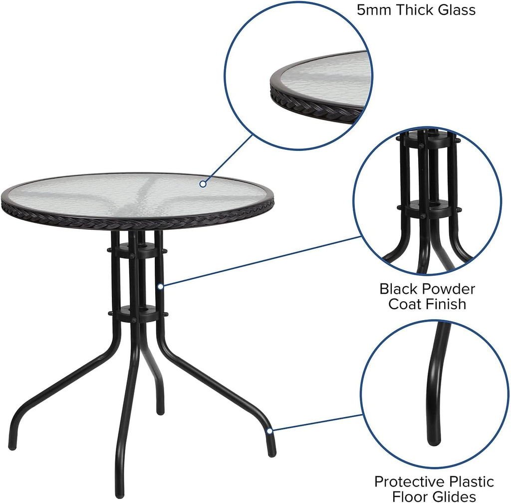 Flash Furniture Barker 28'' Round Tempered Glass Metal Table with Black Rattan Edging
