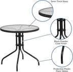 Flash Furniture Barker 28'' Round Tempered Glass Metal Table with Black Rattan Edging