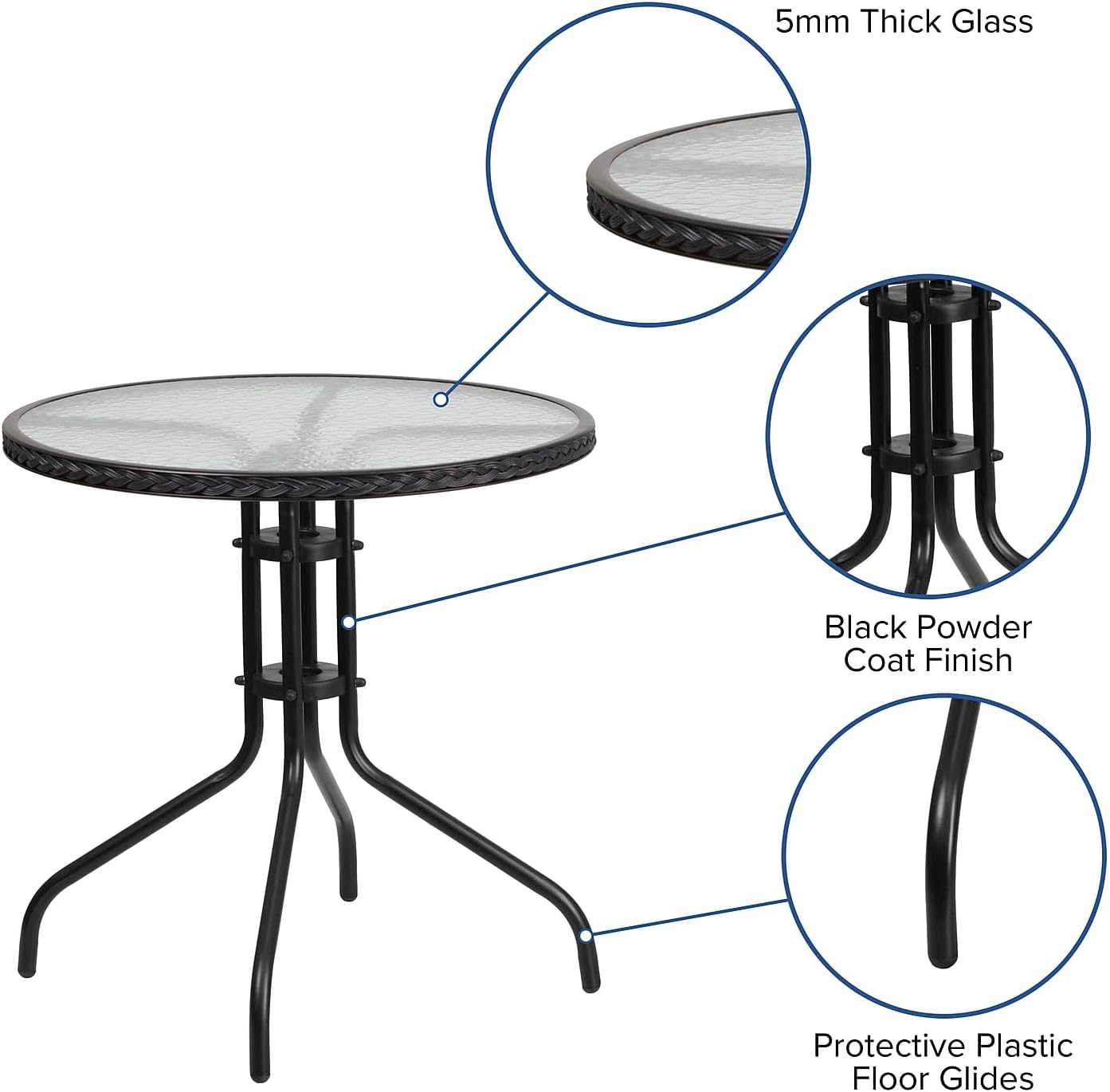 Flash Furniture Barker 28'' Round Tempered Glass Metal Table with Black Rattan Edging