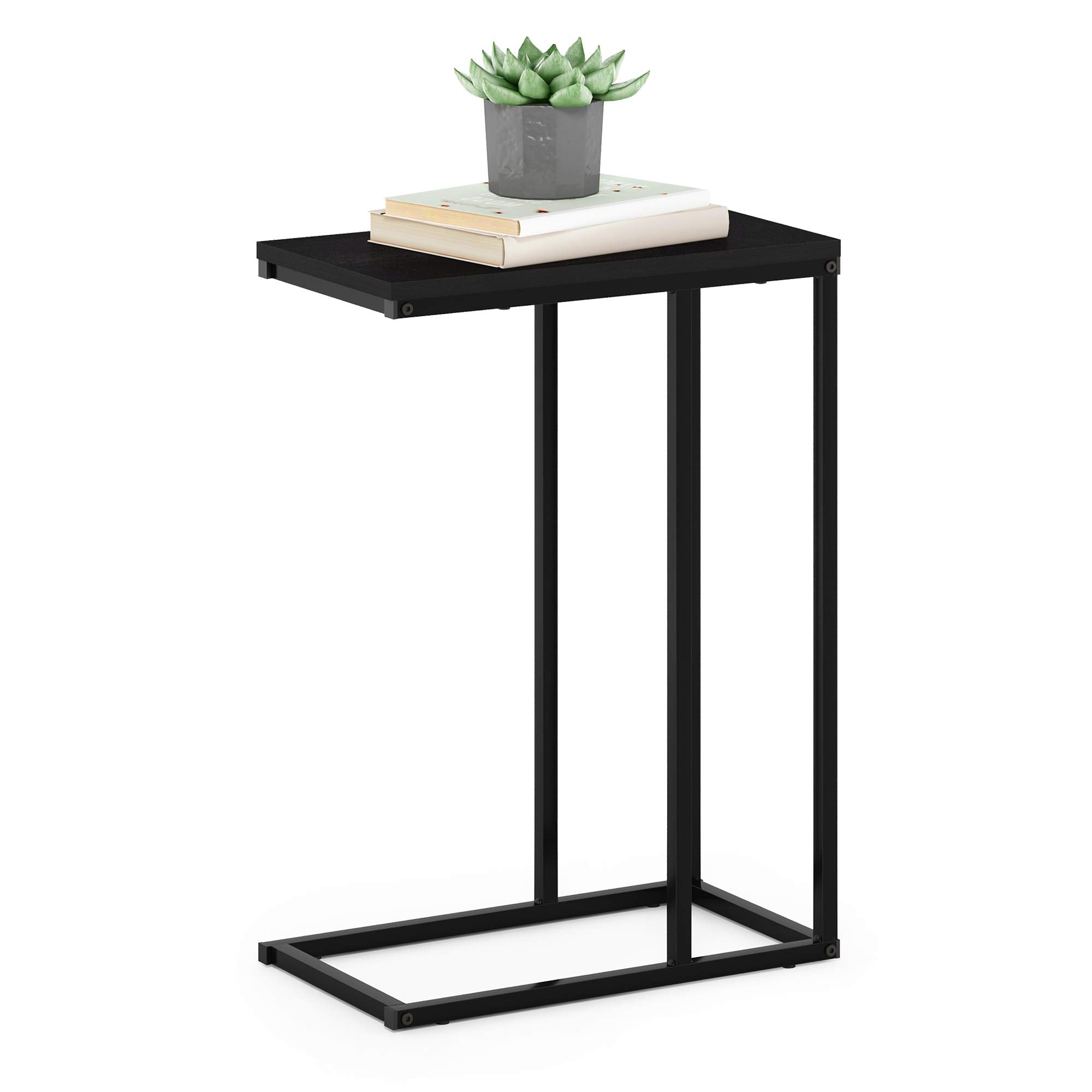 Furinno Turn-N-Tube C Shaped Side Table with Casters, Amber Pine/Black