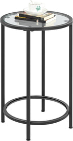 Yaheetech Glass End Table, Round Side Table, Small Coffee Accent Table Nightstand w/Glass Top & Metal Frame for Living Room/Balcony/Bedroom/Porch/Small Space, Modern Style, Black