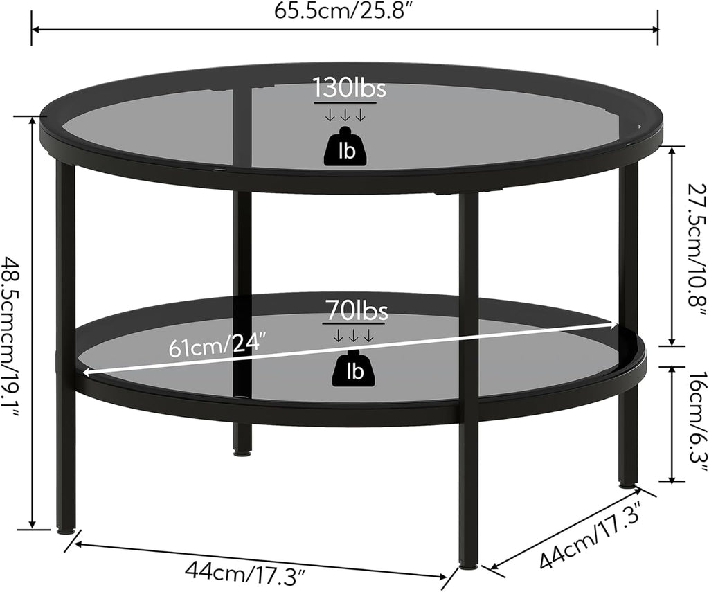 Yusong Round Glass Coffee Tables for Living Room, 2-Tier Circle Coffee Table with Storage, 26" Modern Center Accent Table with Light Black Glass, Small End Table for Small Space, Bedroom