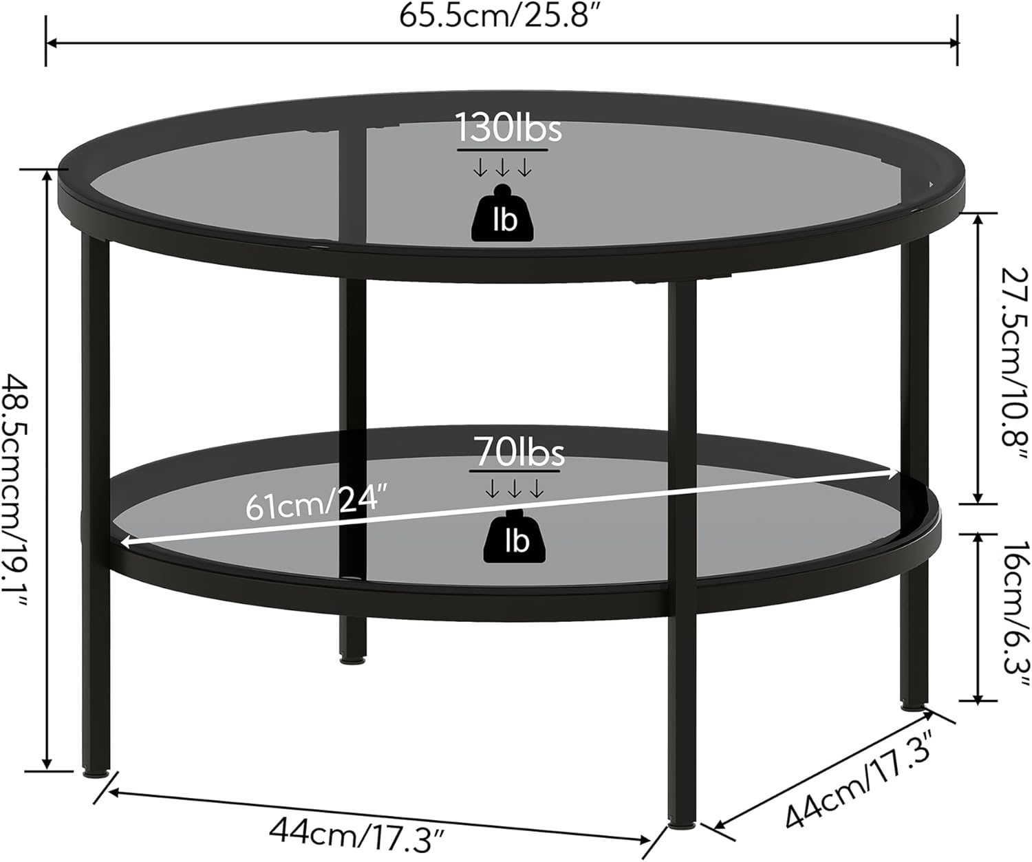 Yusong Round Glass Coffee Tables for Living Room, 2-Tier Circle Coffee Table with Storage, 26" Modern Center Accent Table with Light Black Glass, Small End Table for Small Space, Bedroom