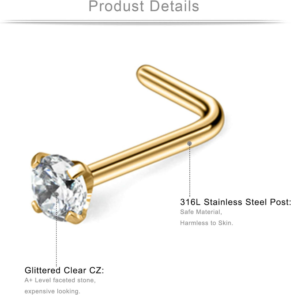 Ruifan 20G 1.5mm 2mm 2.5mm 3mm 3.5mm 4mm Opal Clear Diamond CZ Nose L Shaped Studs Rings Piercing Jewelry 4-20PCS