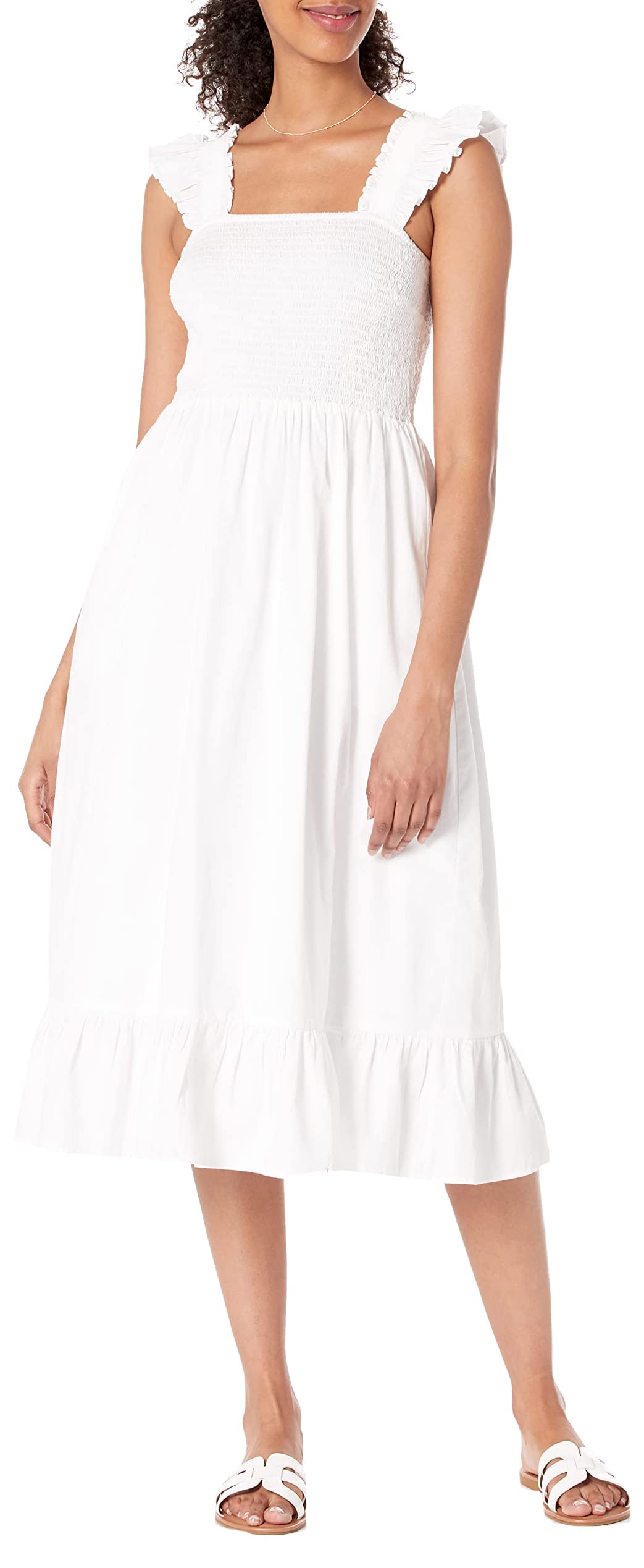 The Drop Women's Kimi Ruffled Shoulder Smocked Midi Dress, White, 2X, Plus Size