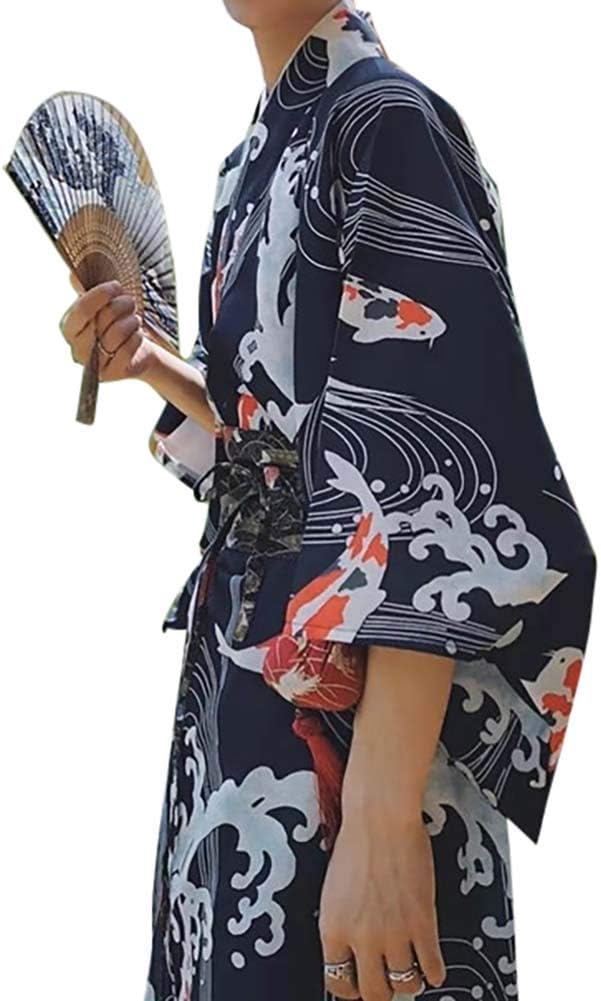 Men's Japanese Traditional Kimono Robe Long Sleeve Spa House Bathrobe Easy Wearing Yukata Sleepwear Nightgown Unisex with OBI Belt Set Navy