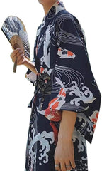 Men's Japanese Traditional Kimono Robe Long Sleeve Spa House Bathrobe Easy Wearing Yukata Sleepwear Nightgown Unisex with OBI Belt Set Navy
