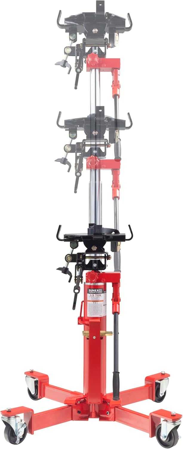 Sunex Tools 7796 1,000 lb Telescopic Transmission Jack, Air/Hydraulic, Foot & Hand Pump, Adjustable Saddle Arms, 73.5 in Max Height