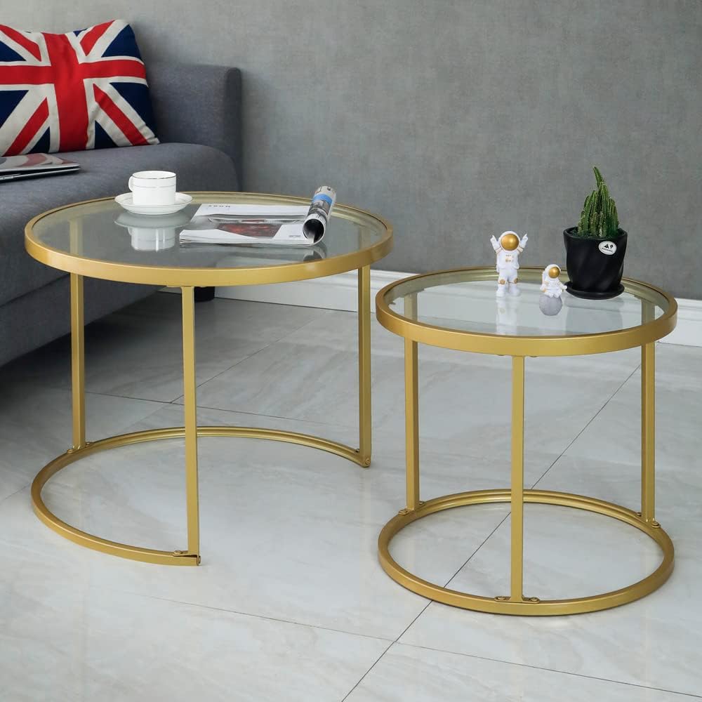 Round Nesting Coffee Table Gold Set of 2 for Living Room, Modern Side Tables with Sturdy Metal Frame and Tempered Glass.Minimalist End Table,Cocktail Table for Dining Room,Home Decor