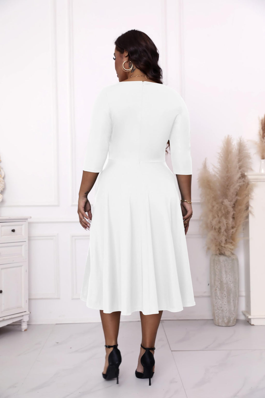 Runwind Plus Size Dresses for Curvy Women Cocktail Wedding Guest Fit and Flare A-Line Swing Casual Midi White Dresses 3XL