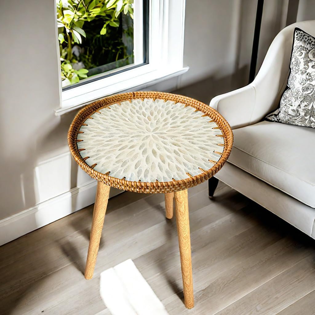 Small Rattan Side Table/Round Coffee Table for Small Spaces, Mini Modern Coffee Table with Shell Design Tray, Outdoor End Tables for Patio, Boho Nightstand for Bedroom or Living Room
