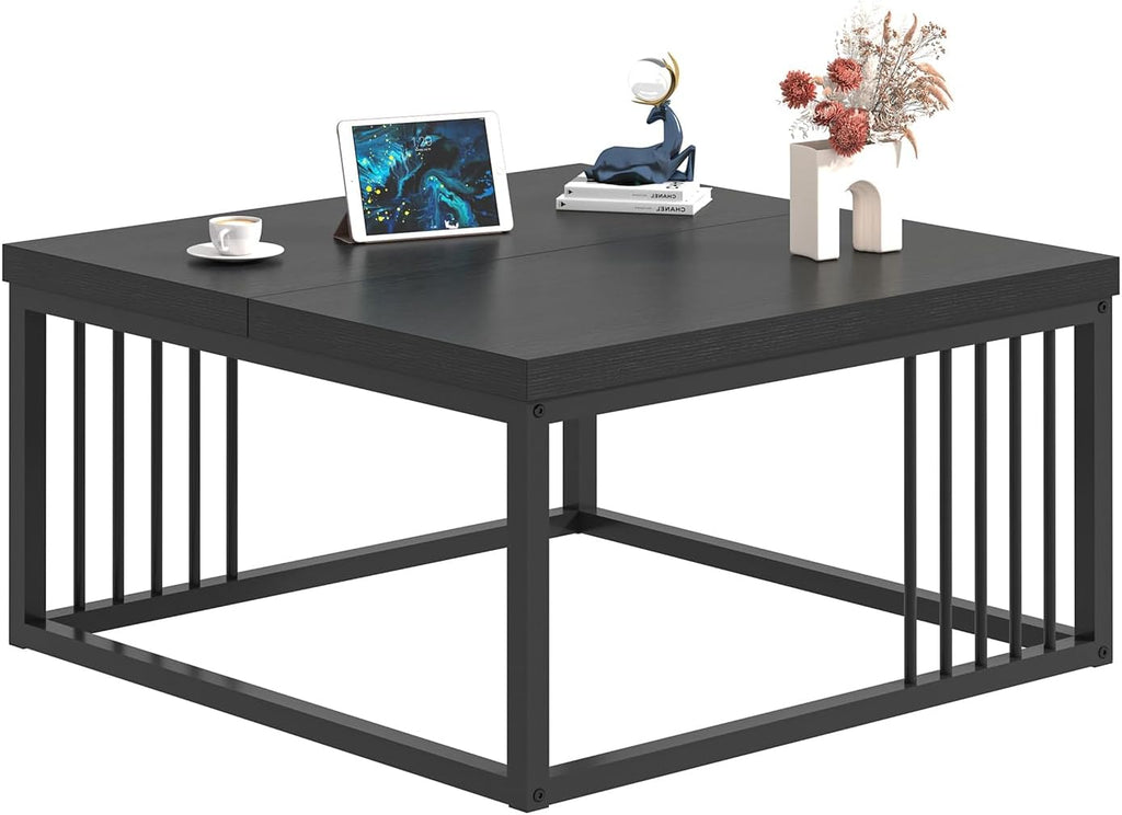 FOLUBAN Black Coffee Table, Modern Square Center Table for Living Room, Industrial Rustic Wood and Metal Cocktail Tea Table, 31.5 Inch